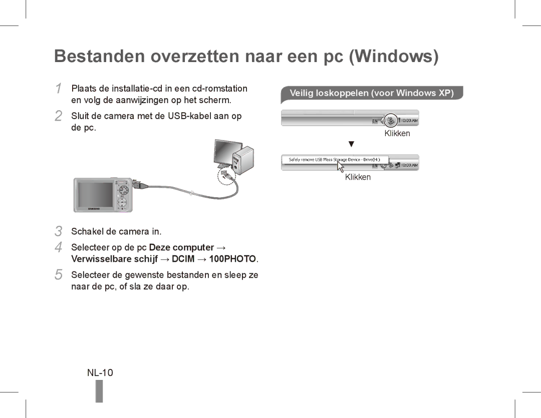 Samsung PL57 quick start manual Bestanden overzetten naar een pc Windows, NL-10, Veilig loskoppelen voor Windows XP 