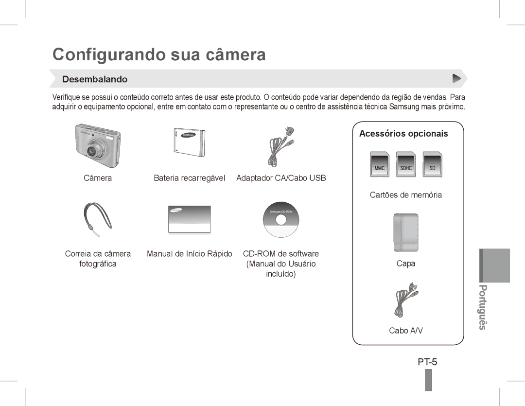 Samsung PL57 quick start manual Configurando sua câmera, PT-5, Desembalando, Acessórios opcionais 