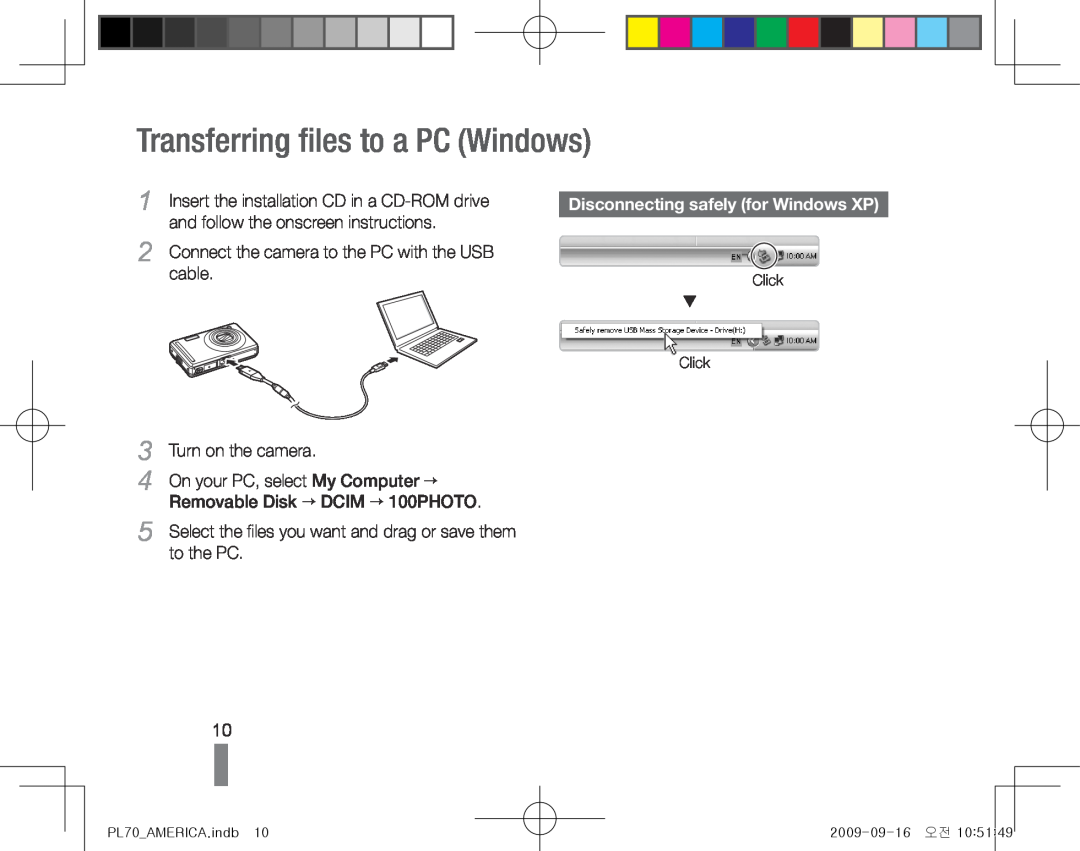 Samsung PL70 Transferring files to a PC Windows, Disconnecting safely for Windows XP, cable, Turn on the camera 