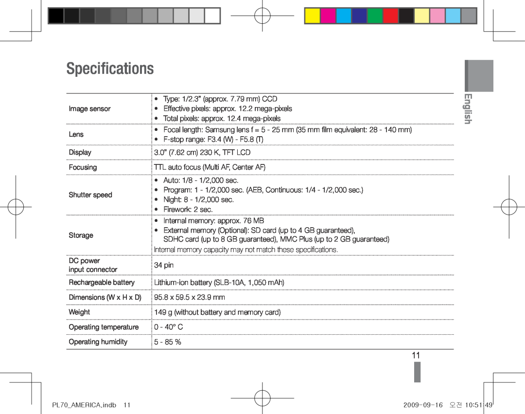 Samsung PL70 quick start manual Specifications, English 