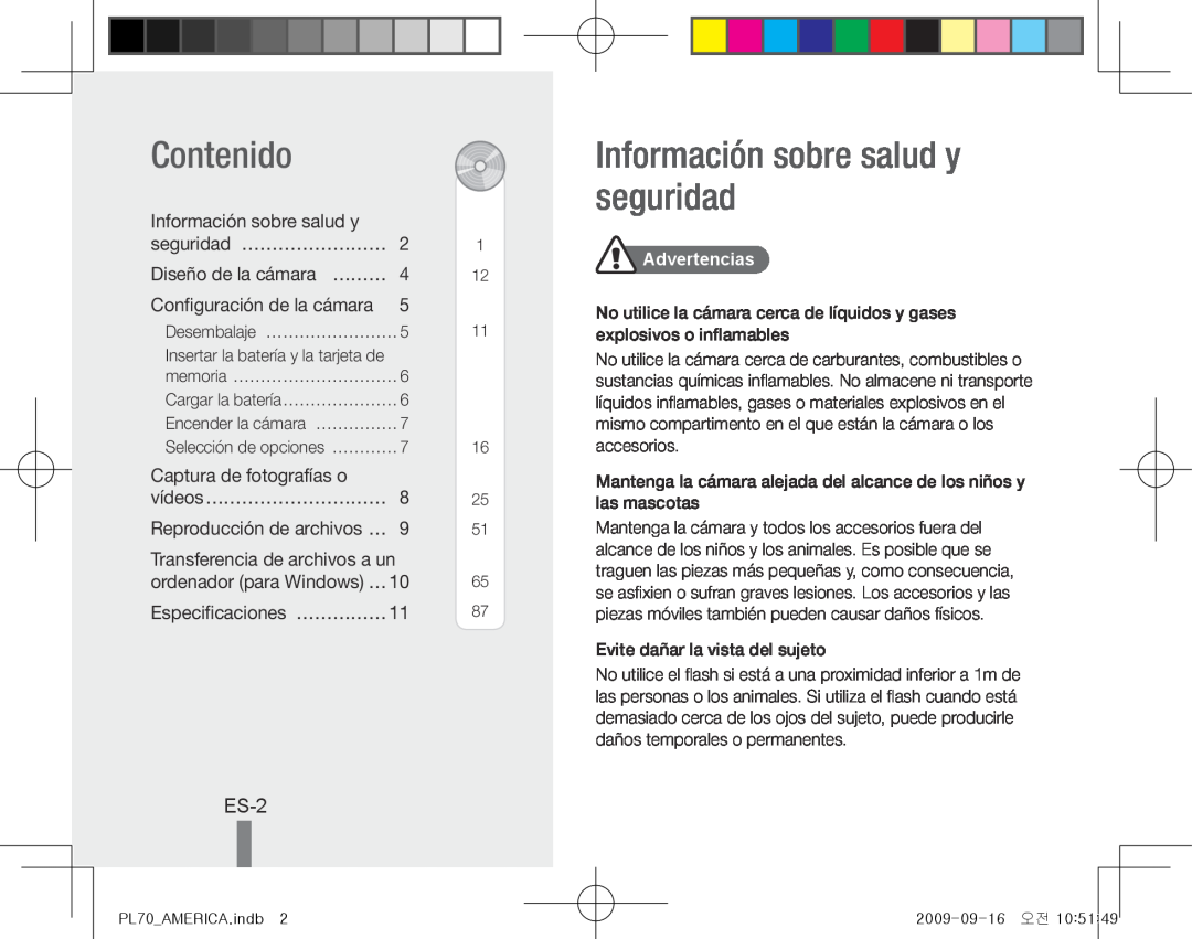 Samsung PL70 Contenido, Información sobre salud y seguridad, ES-2, seguridad… ……………………, Captura de fotografías o 