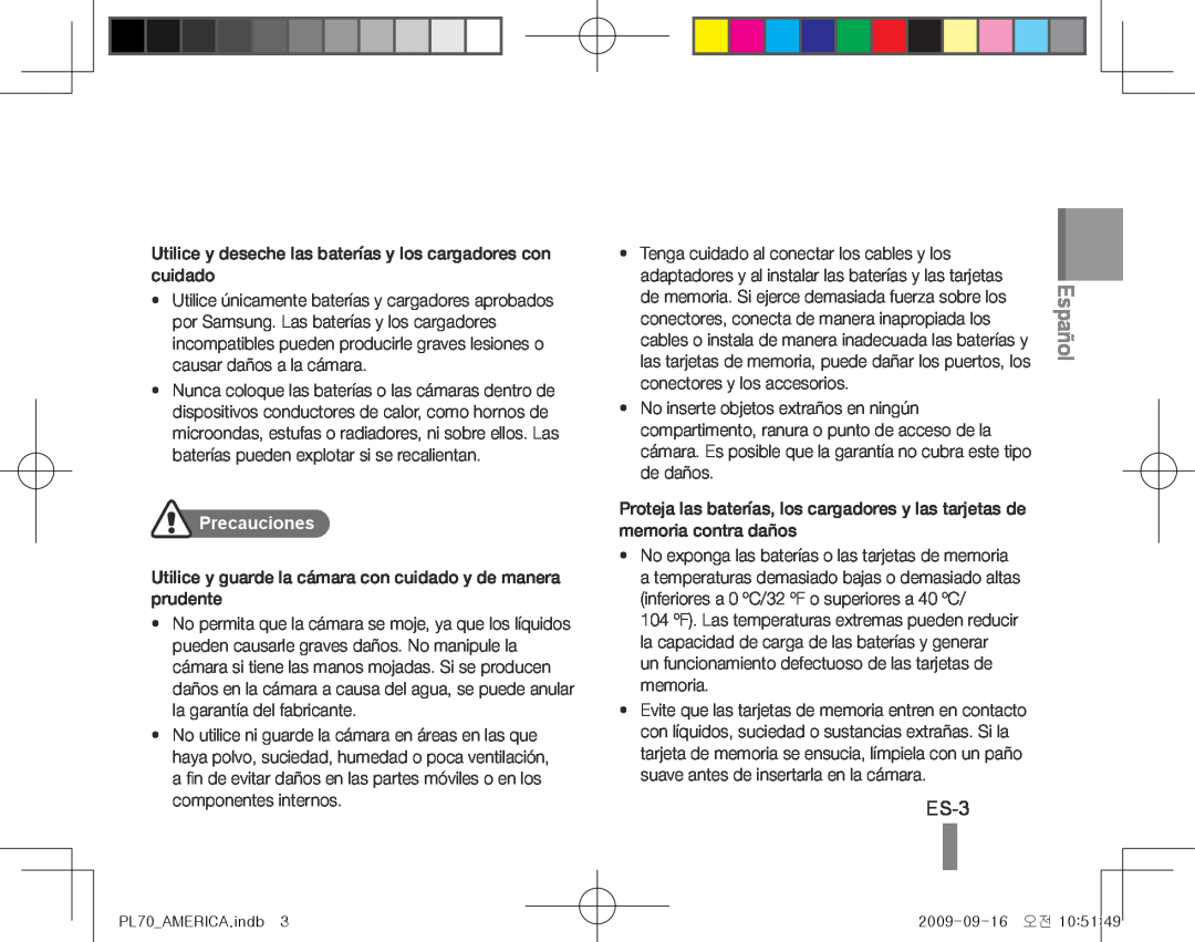 Samsung PL70 quick start manual ES-3, Español, Precauciones 