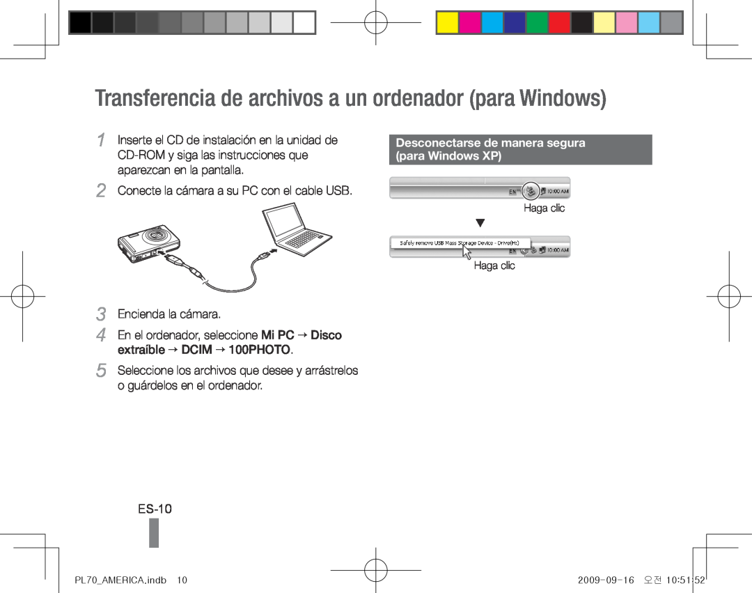 Samsung PL70 Transferencia de archivos a un ordenador para Windows, ES-10, Desconectarse de manera segura, para Windows XP 