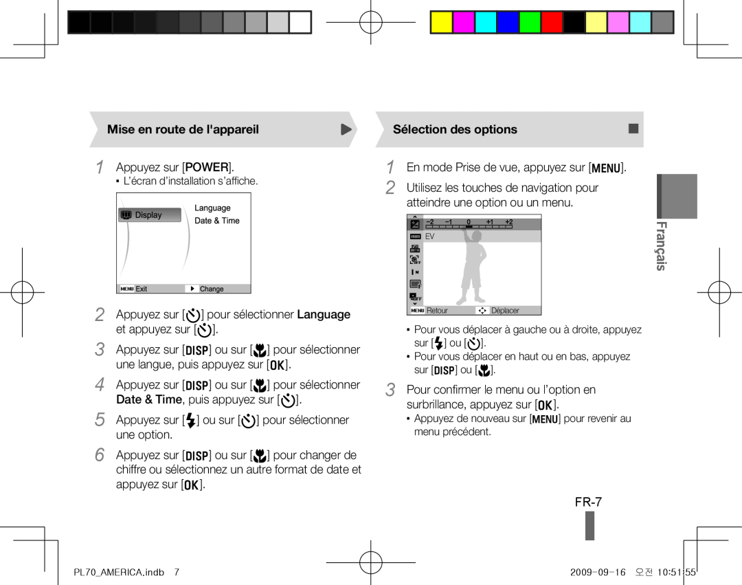 Samsung PL70 quick start manual FR-7, Mise en route de lappareil, Sélection des options, Français 