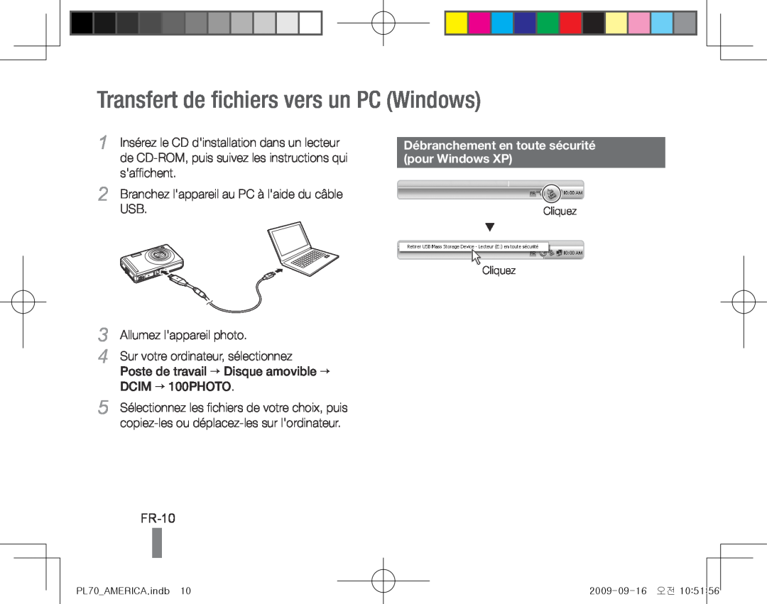 Samsung PL70 Transfert de fichiers vers un PC Windows, FR-10, Débranchement en toute sécurité, pour Windows XP 