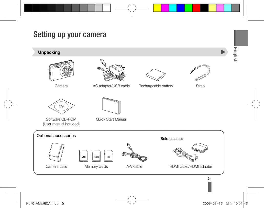 Samsung PL70 quick start manual Setting up your camera, Unpacking, Optional accessories, English 