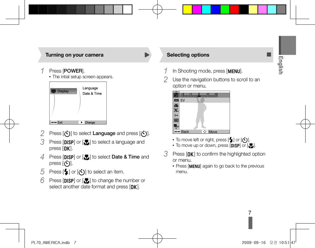 Samsung PL70 quick start manual Turning on your camera, Selecting options, English 