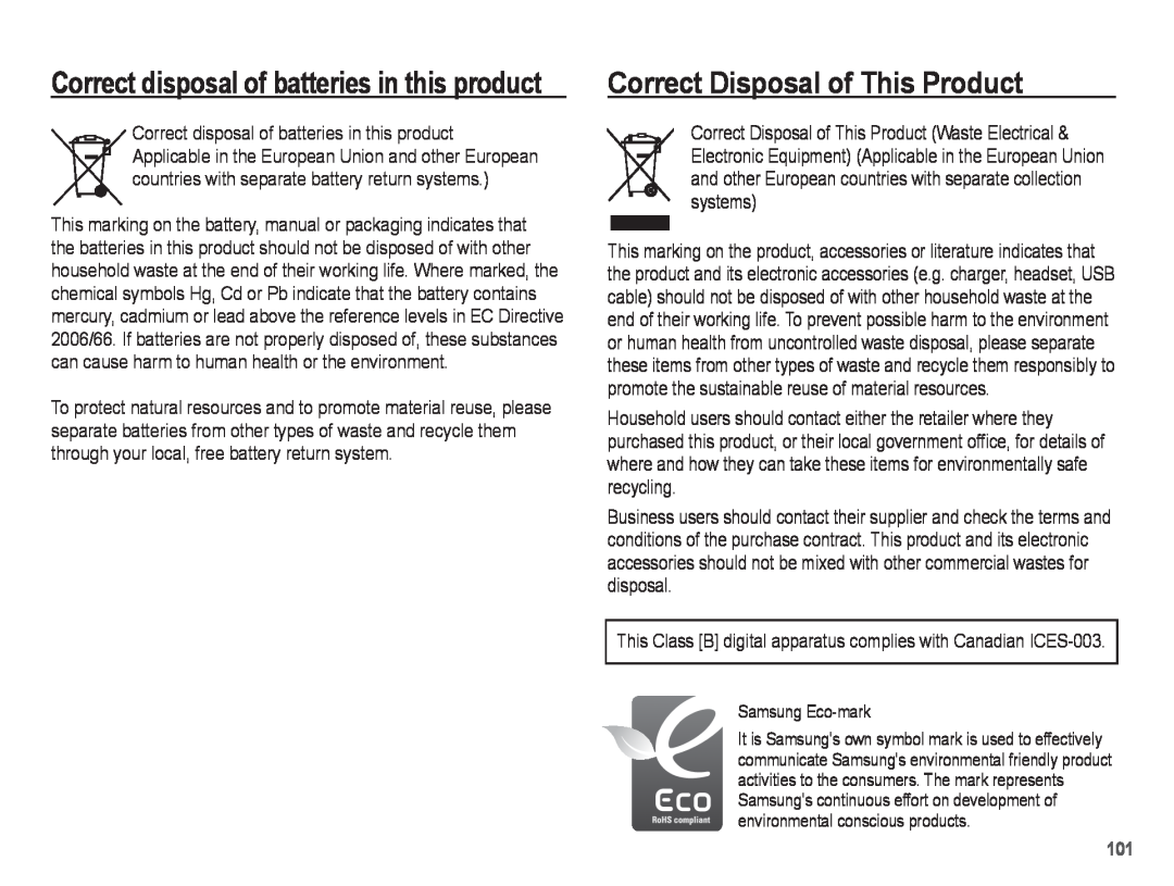 Samsung PL80, PL81 manual Correct Disposal of This Product, Correct disposal of batteries in this product 