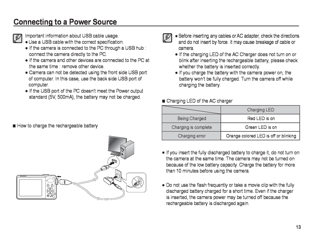 Samsung PL80, PL81 manual Connecting to a Power Source, How to charge the rechargeable battery 