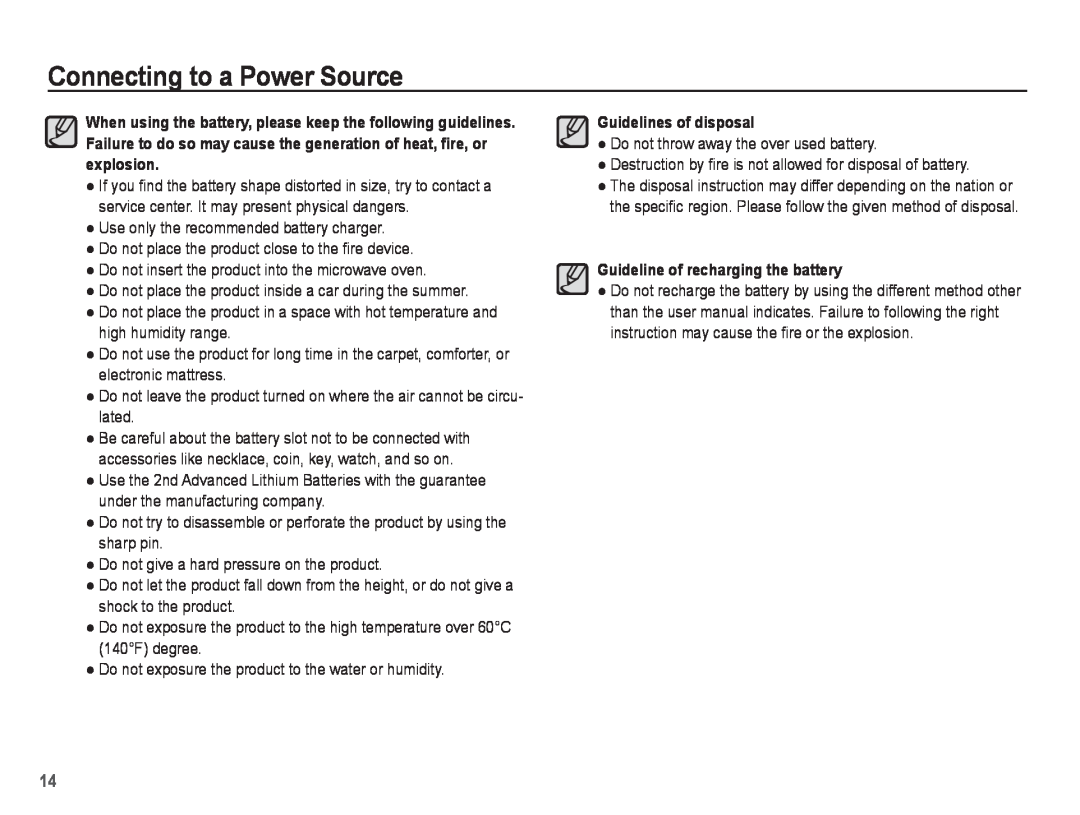 Samsung PL81, PL80 manual Connecting to a Power Source, Guidelines of disposal, Guideline of recharging the battery 