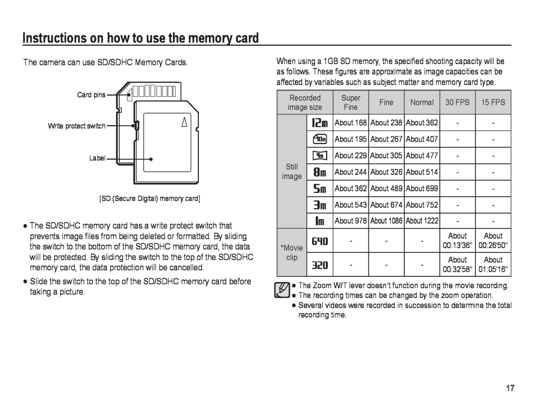 Samsung PL80, PL81 manual Instructions on how to use the memory card, The camera can use SD/SDHC Memory Cards 