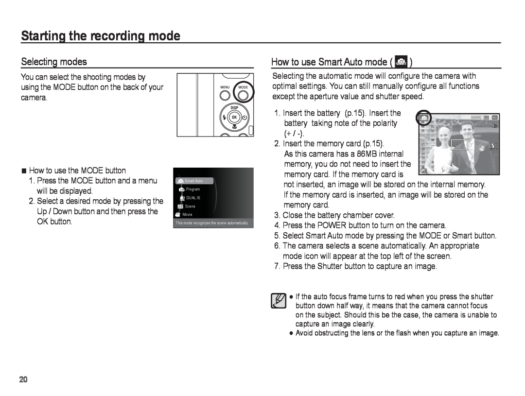 Samsung PL81, PL80 manual Starting the recording mode, Selecting modes, How to use Smart Auto mode 