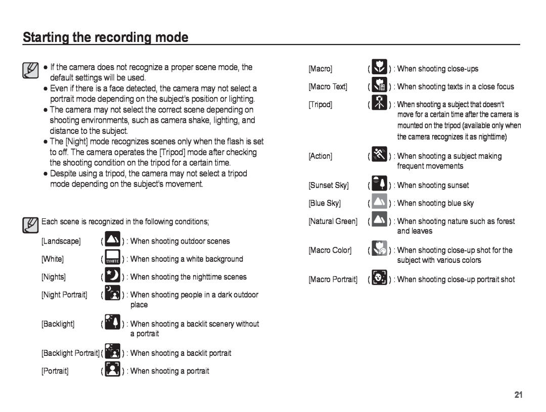 Samsung PL80, PL81 manual Starting the recording mode, Each scene is recognized in the following conditions 