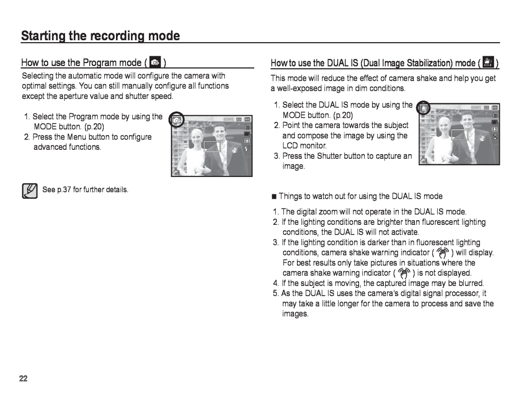 Samsung PL81, PL80 manual How to use the Program mode, Starting the recording mode 