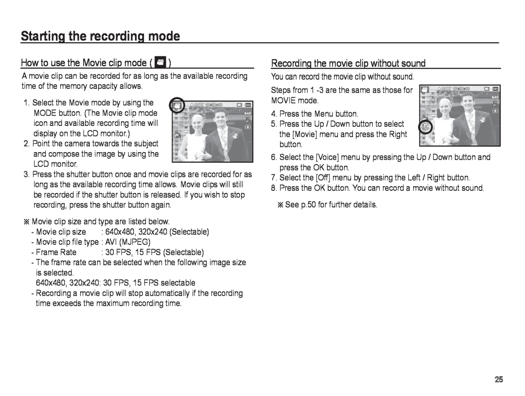 Samsung PL80, PL81 How to use the Movie clip mode, Recording the movie clip without sound, Starting the recording mode 