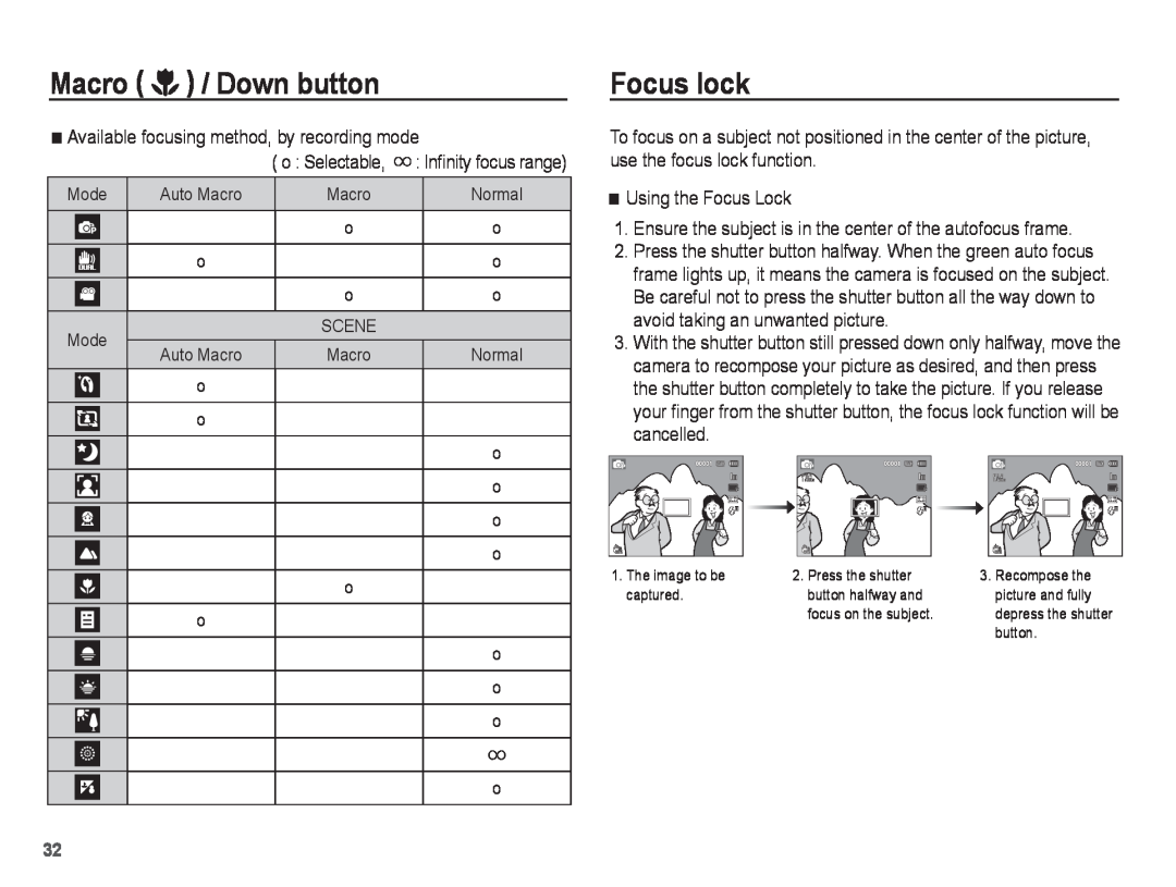 Samsung PL81, PL80 Focus lock, Macro / Down button, Available focusing method, by recording mode, Using the Focus Lock 