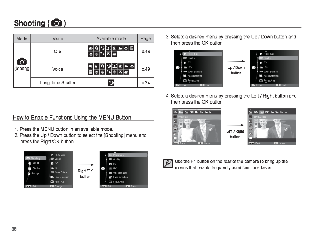 Samsung PL81, PL80 manual How to Enable Functions Using the MENU Button, Shooting 