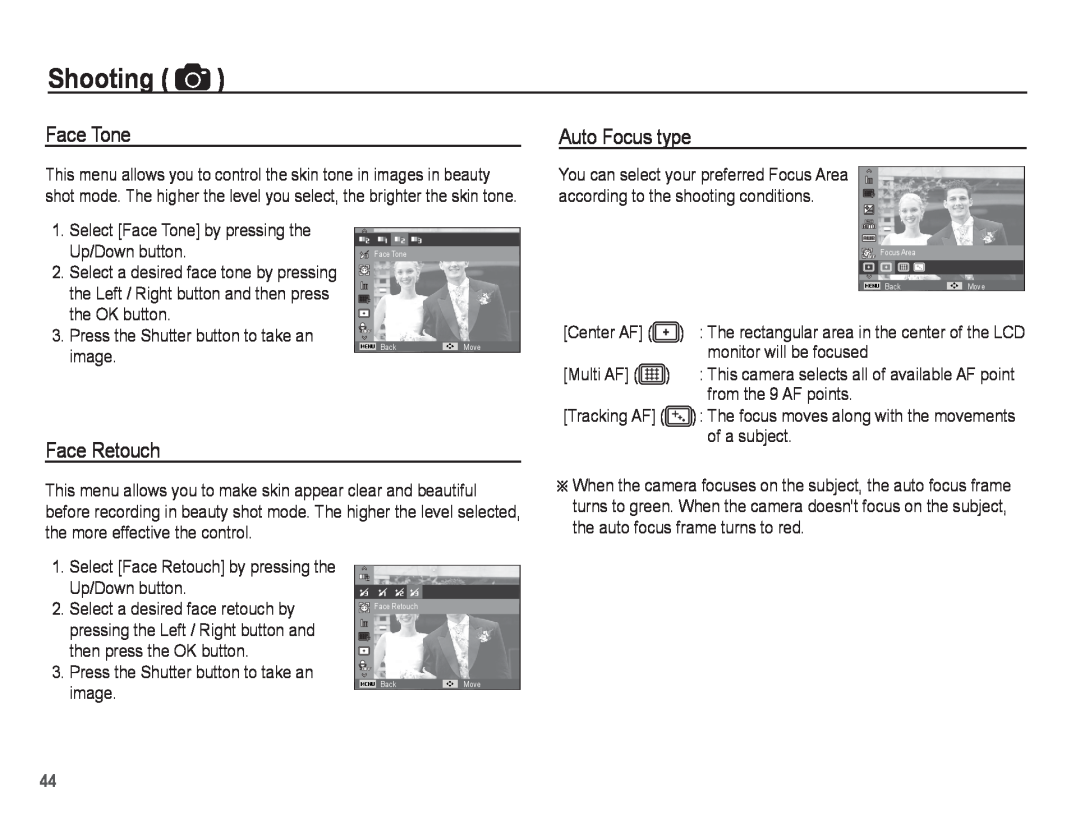 Samsung PL81, PL80 manual Face Tone, Auto Focus type, Face Retouch, Shooting, Tracking AF 