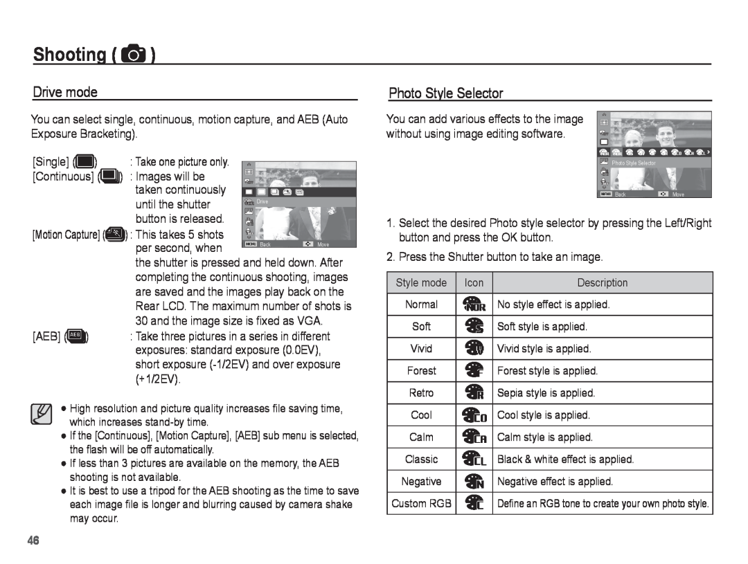 Samsung PL81, PL80 manual Drive mode, Photo Style Selector, Shooting 