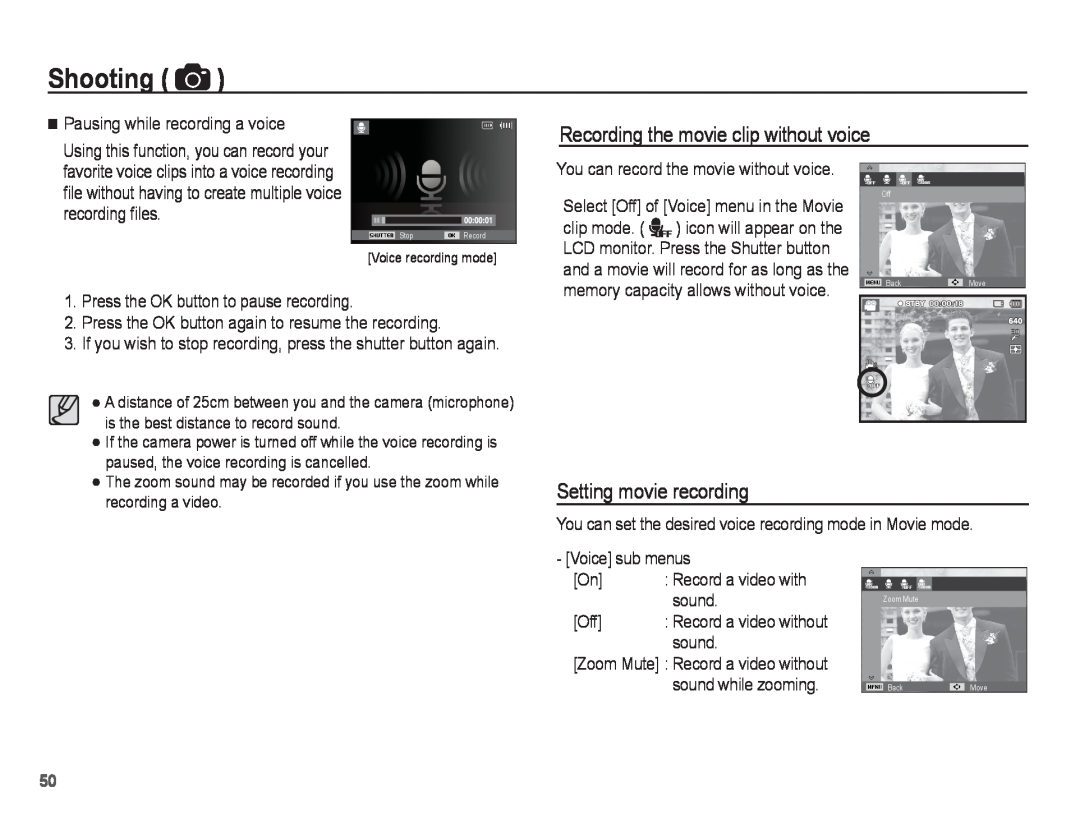 Samsung PL81, PL80 manual Recording the movie clip without voice, Setting movie recording, Shooting 