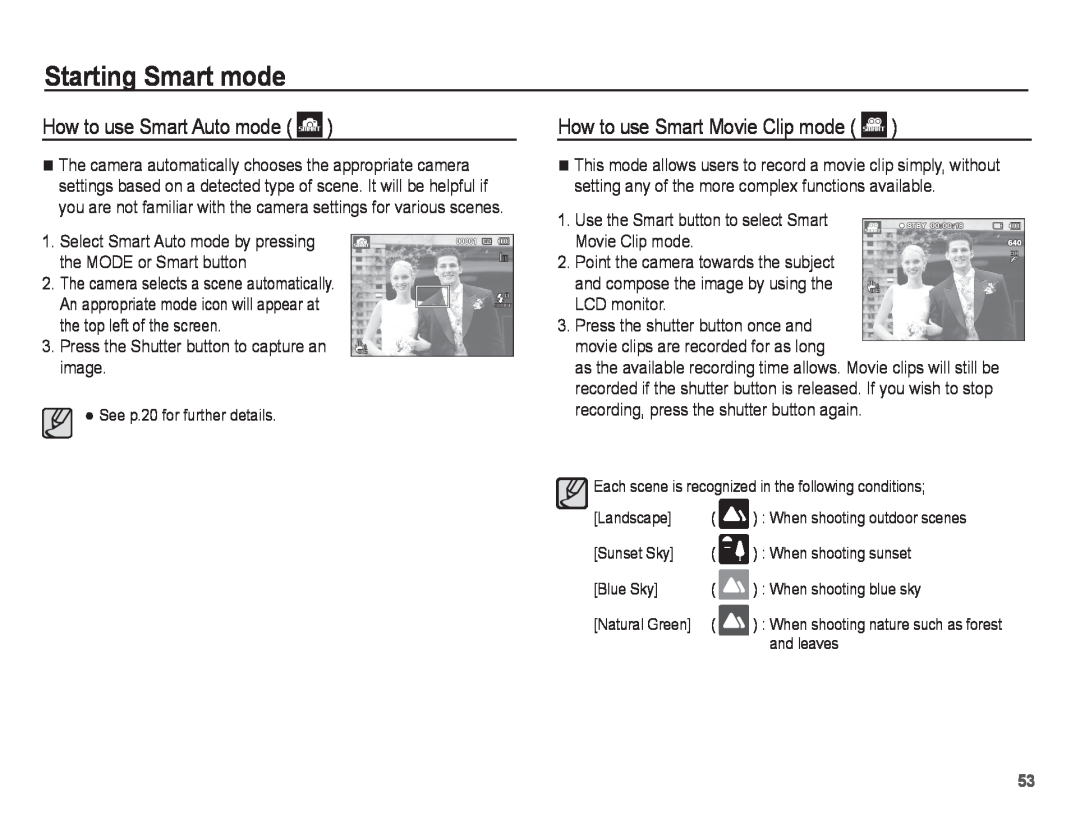 Samsung PL80, PL81 manual How to use Smart Movie Clip mode, Starting Smart mode, How to use Smart Auto mode 