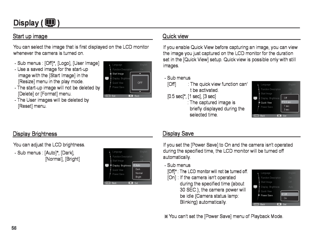 Samsung PL81, PL80 manual Start up image, Quick view, Display Brightness, Display Save 
