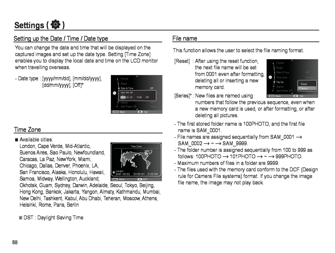 Samsung PL81, PL80 manual Setting up the Date / Time / Date type, File name, Time Zone, Settings 