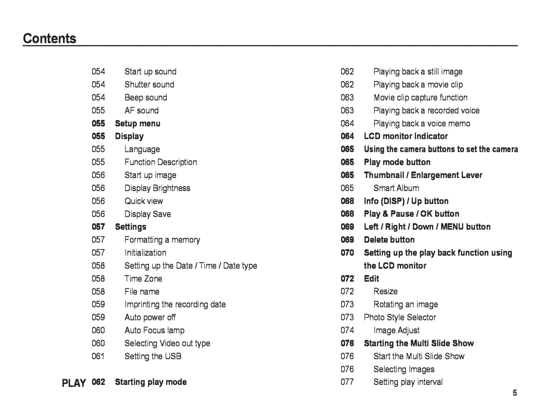 Samsung PL80, PL81 Contents, Play, Using the camera buttons to set the camera, Setting up the play back function using 