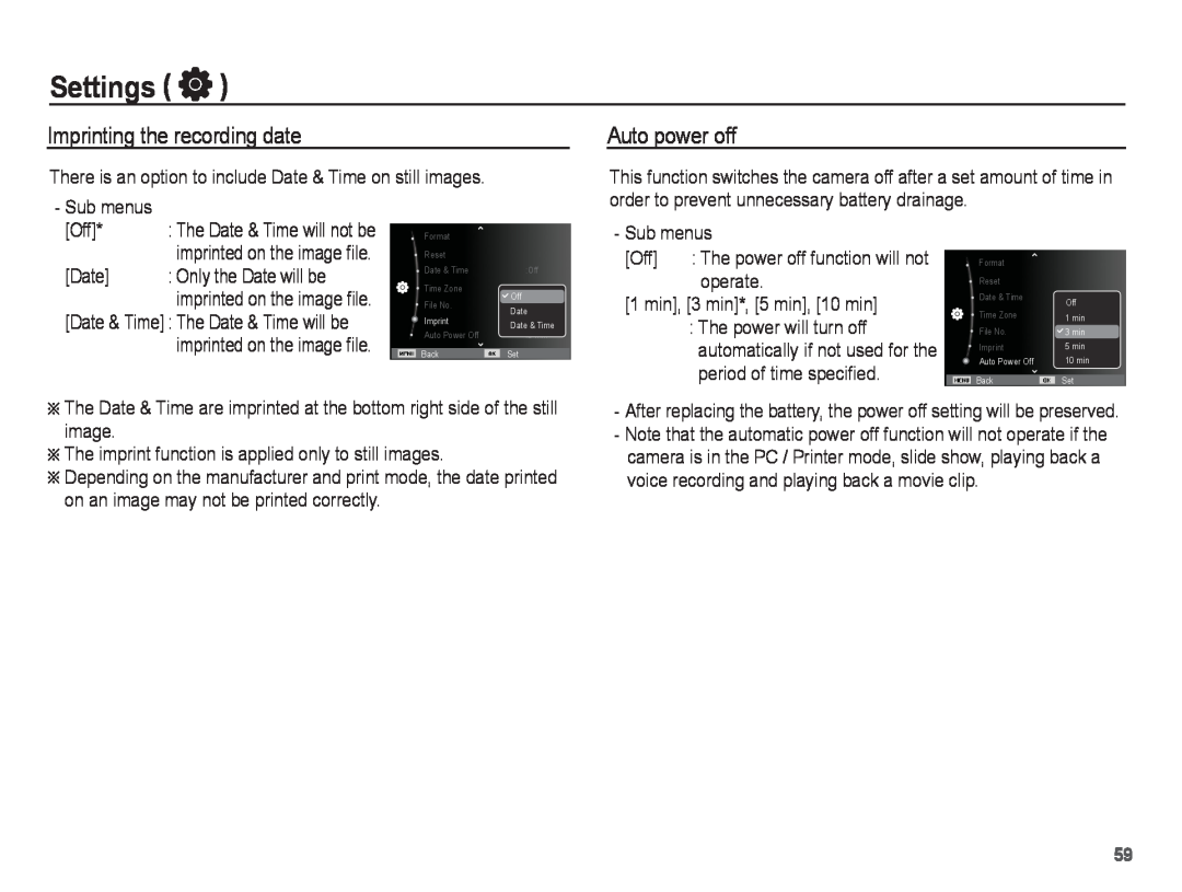 Samsung PL80, PL81 manual Imprinting the recording date, Auto power off, Settings, Date & Time The Date & Time will be 