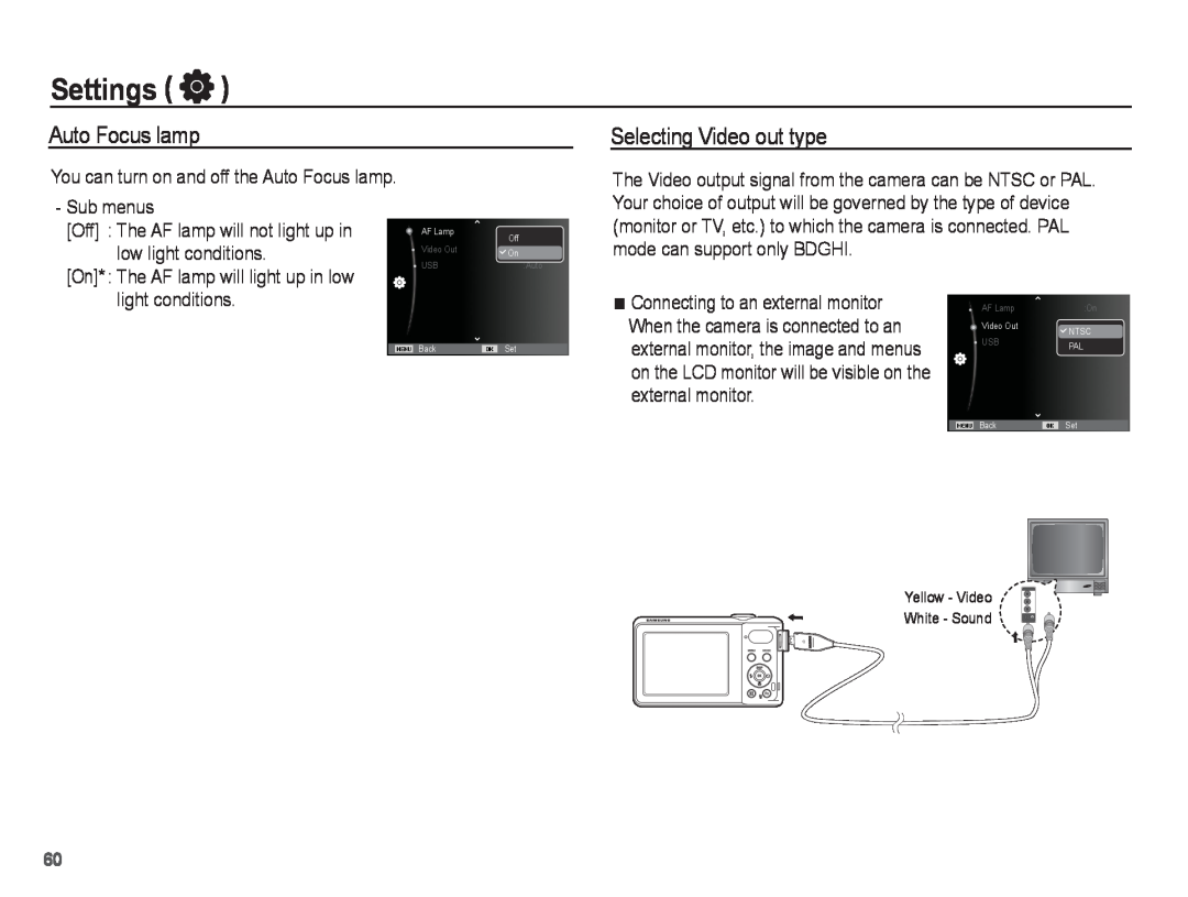 Samsung PL81, PL80 manual Auto Focus lamp, Selecting Video out type, Settings 