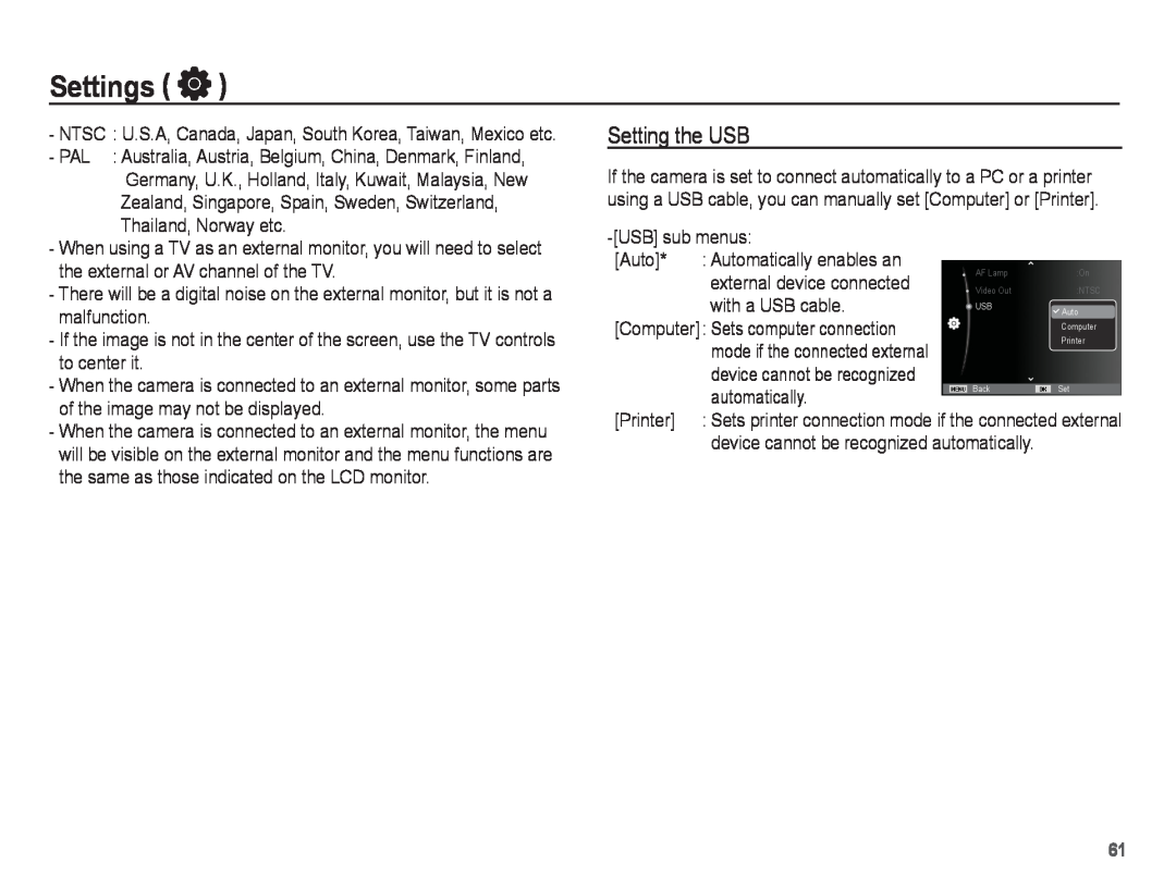 Samsung PL80, PL81 manual Setting the USB, Settings 