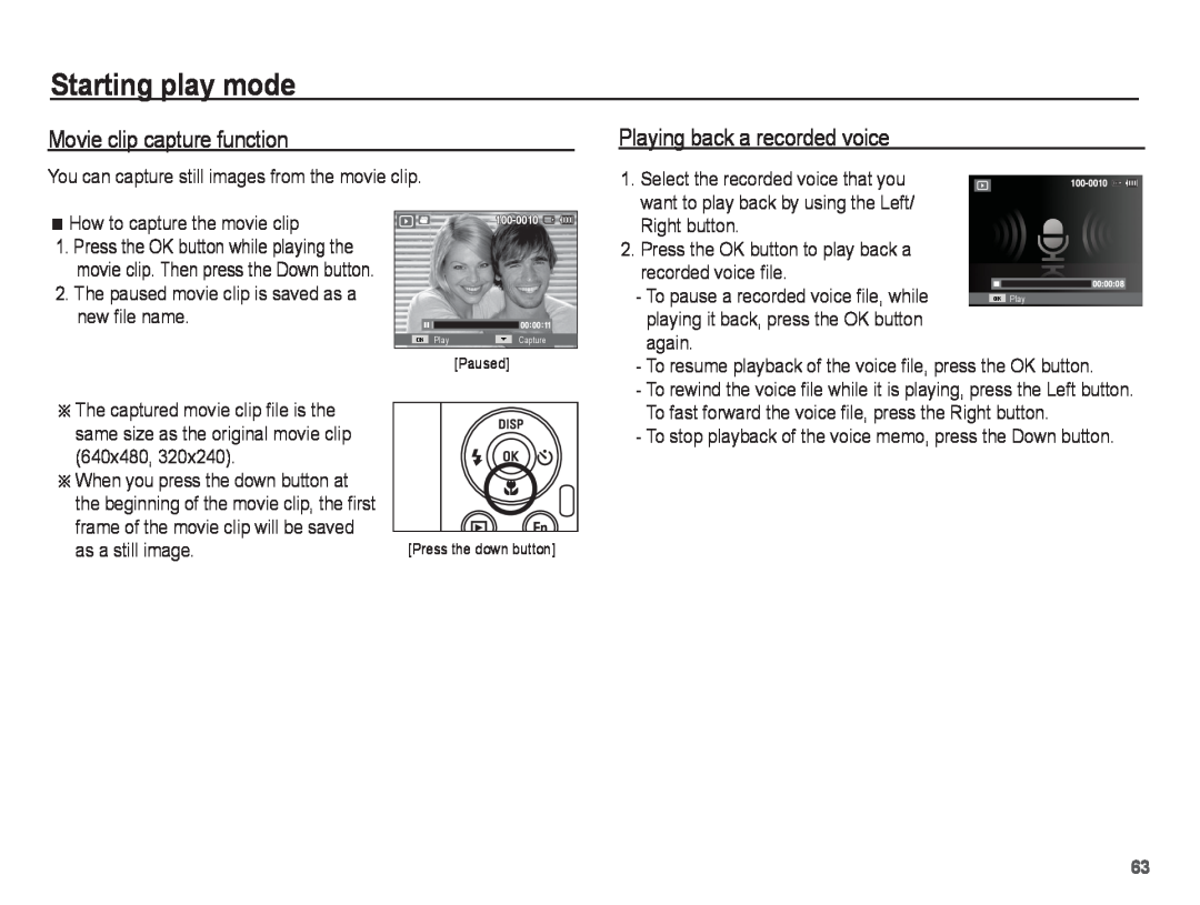 Samsung PL80, PL81 manual Movie clip capture function, Playing back a recorded voice, Starting play mode 