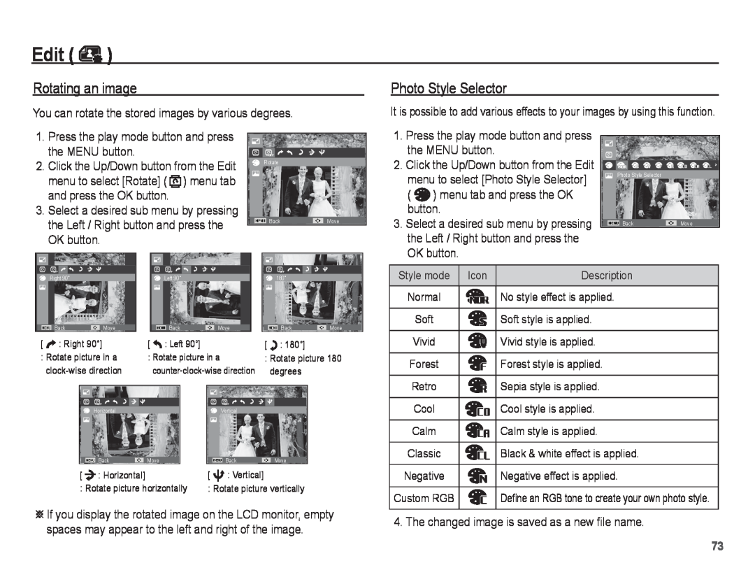 Samsung PL80, PL81 manual Rotating an image, Edit, Photo Style Selector, Rotate picture, counter-clock-wise direction 