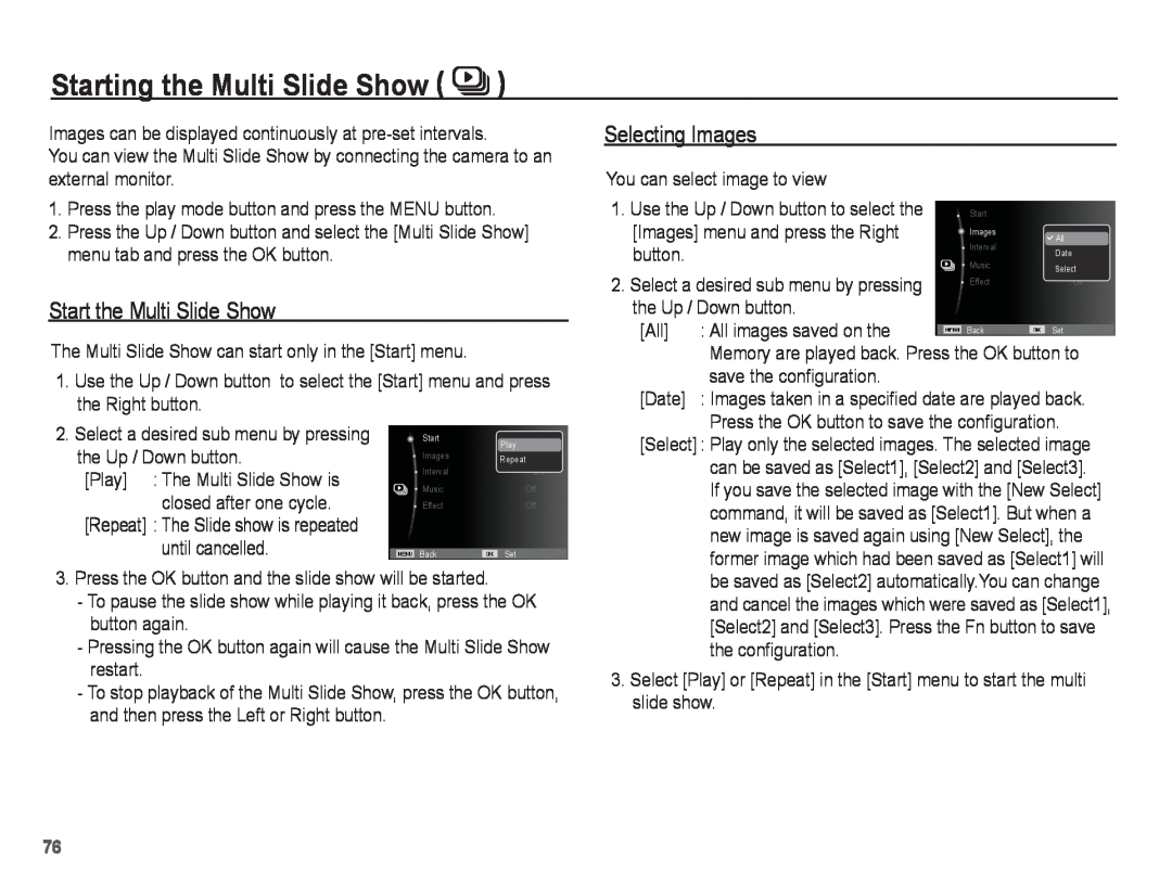 Samsung PL81, PL80 manual Starting the Multi Slide Show, Start the Multi Slide Show, Selecting Images 