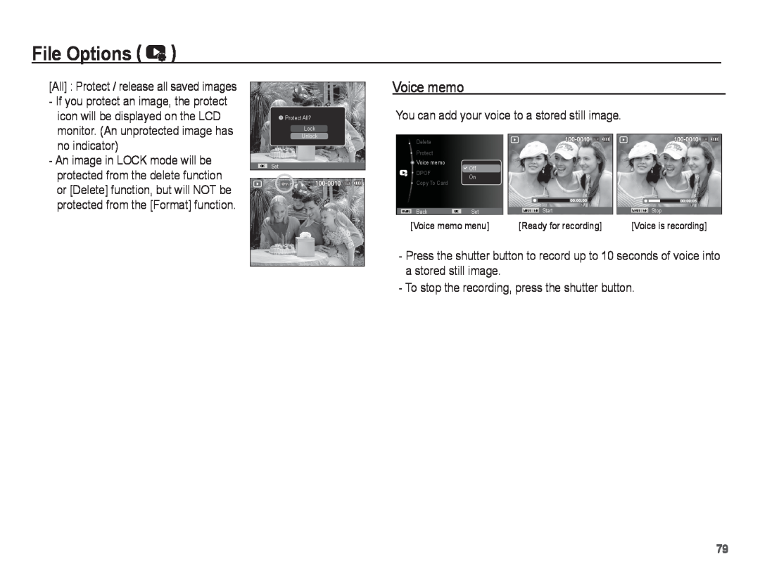 Samsung PL80, PL81 manual Voice memo, File Options, You can add your voice to a stored still image, Voice is recording 