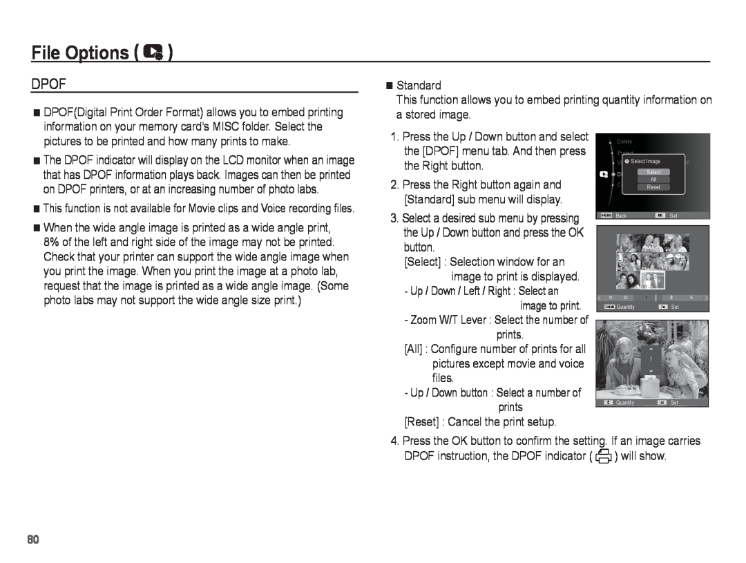 Samsung PL81, PL80 manual Dpof, File Options, Standard, pictures to be printed and how many prints to make 