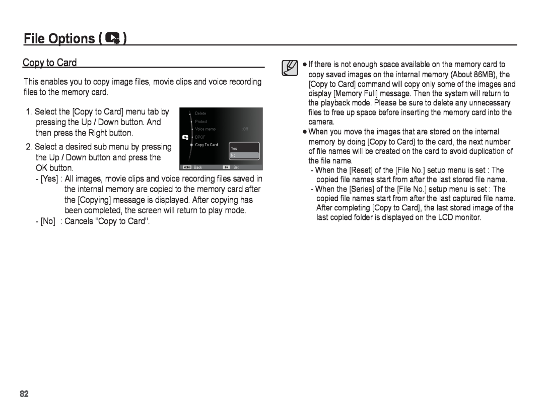 Samsung PL81, PL80 manual File Options, Select the Copy to Card menu tab by, pressing the Up / Down button. And 