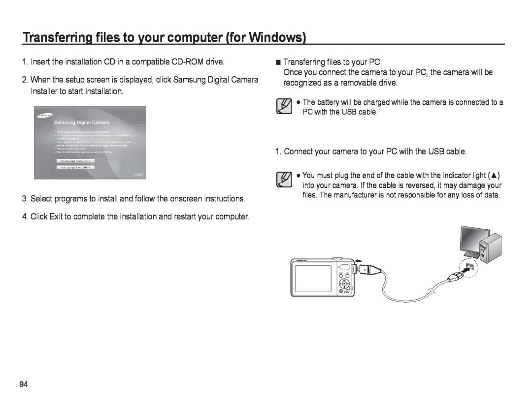 Samsung PL81 Transferring files to your computer for Windows, Insert the installation CD in a compatible CD-ROM drive 