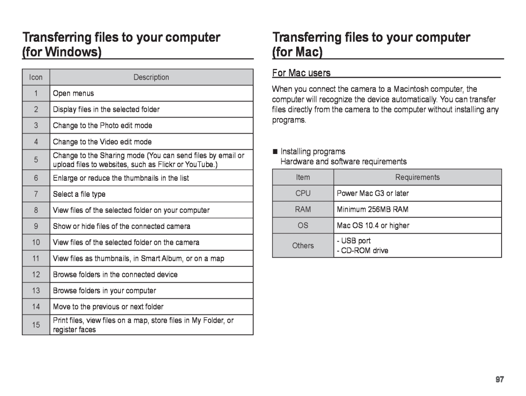 Samsung PL80 Transferring files to your computer for Mac, For Mac users, Transferring files to your computer for Windows 