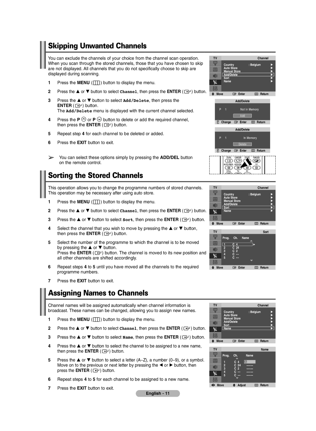 Samsung PLASMA DISPLAY manual Skipping Unwanted Channels, Sorting the Stored Channels, Assigning Names to Channels 