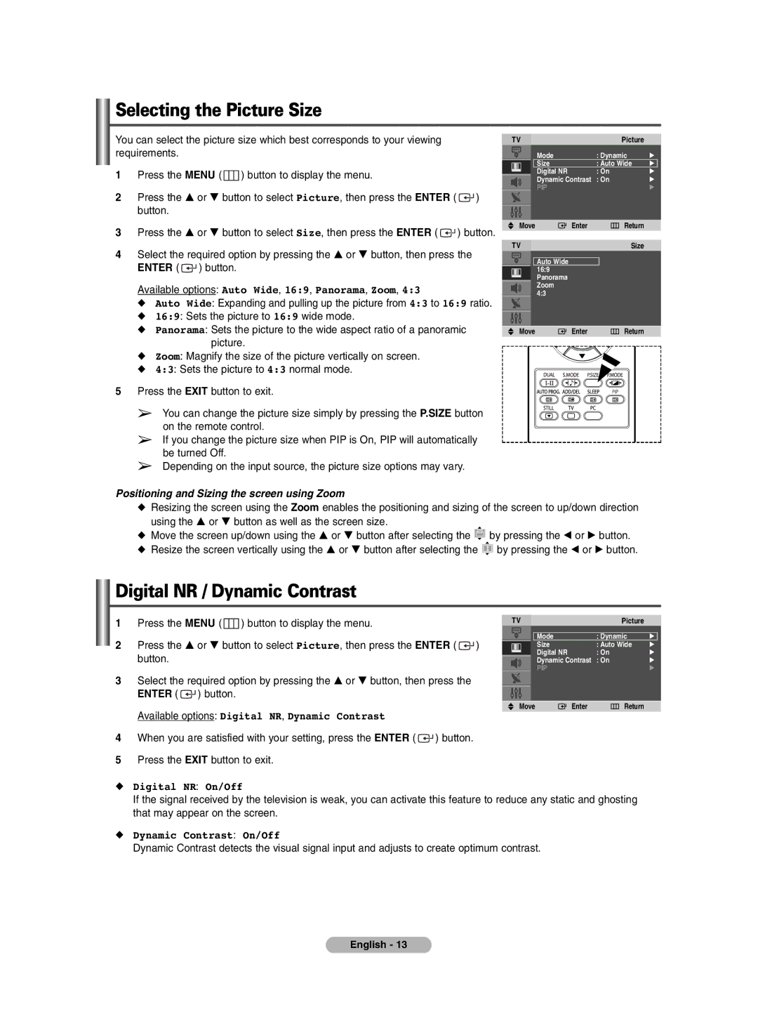 Samsung PLASMA DISPLAY manual Selecting the Picture Size, Digital NR / Dynamic Contrast 