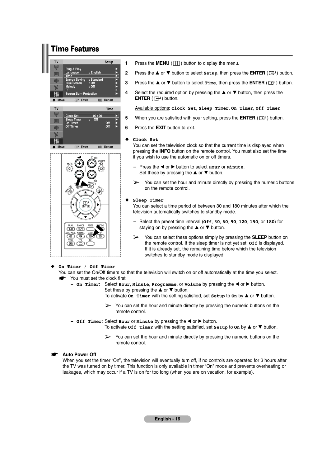 Samsung PLASMA DISPLAY manual Time Features, Available options Clock Set, Sleep Timer, On Timer, Off, On Timer / Off Timer 