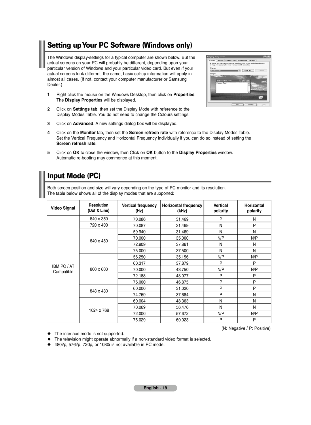 Samsung PLASMA DISPLAY Setting upYour PC Software Windows only, Input Mode PC, Video Signal Resolution Vertical frequency 