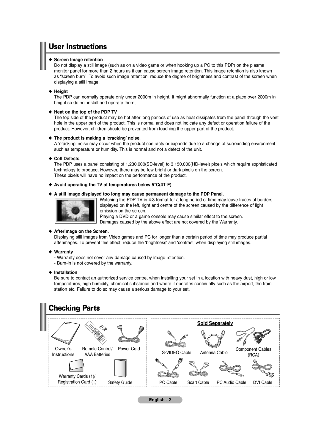 Samsung PLASMA DISPLAY manual User Instructions, Checking Parts 