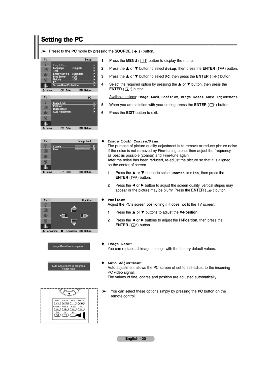 Samsung PLASMA DISPLAY manual Setting the PC, Image Lock Coarse/Fine, Image Reset, Auto Adjustment 