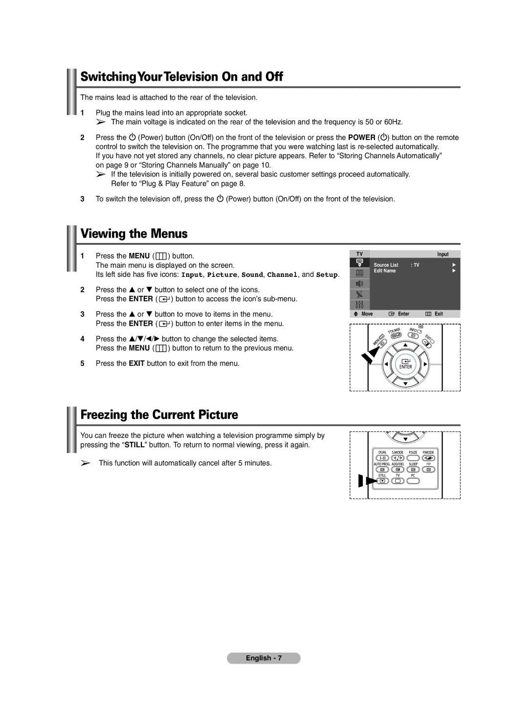 Samsung PLASMA DISPLAY manual SwitchingYourTelevision On and Off, Viewing the Menus, Freezing the Current Picture 