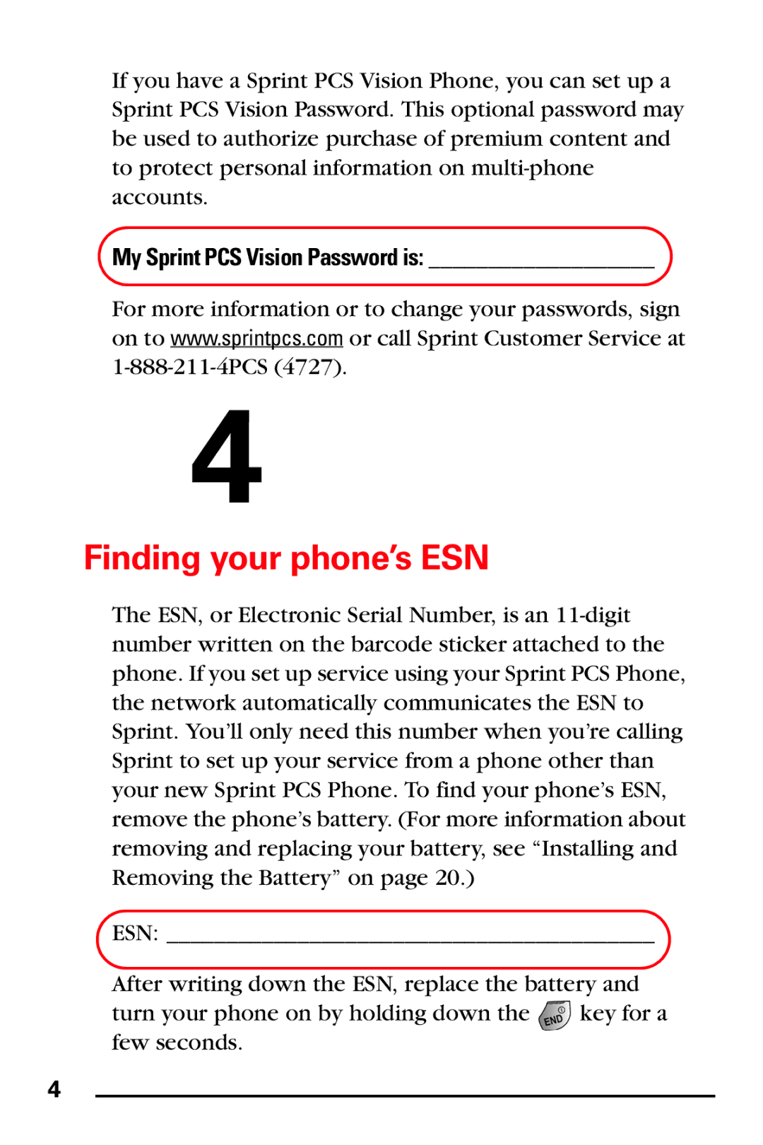 Samsung PM-A740 manual Finding your phone’s ESN, My Sprint PCS Vision Password is 