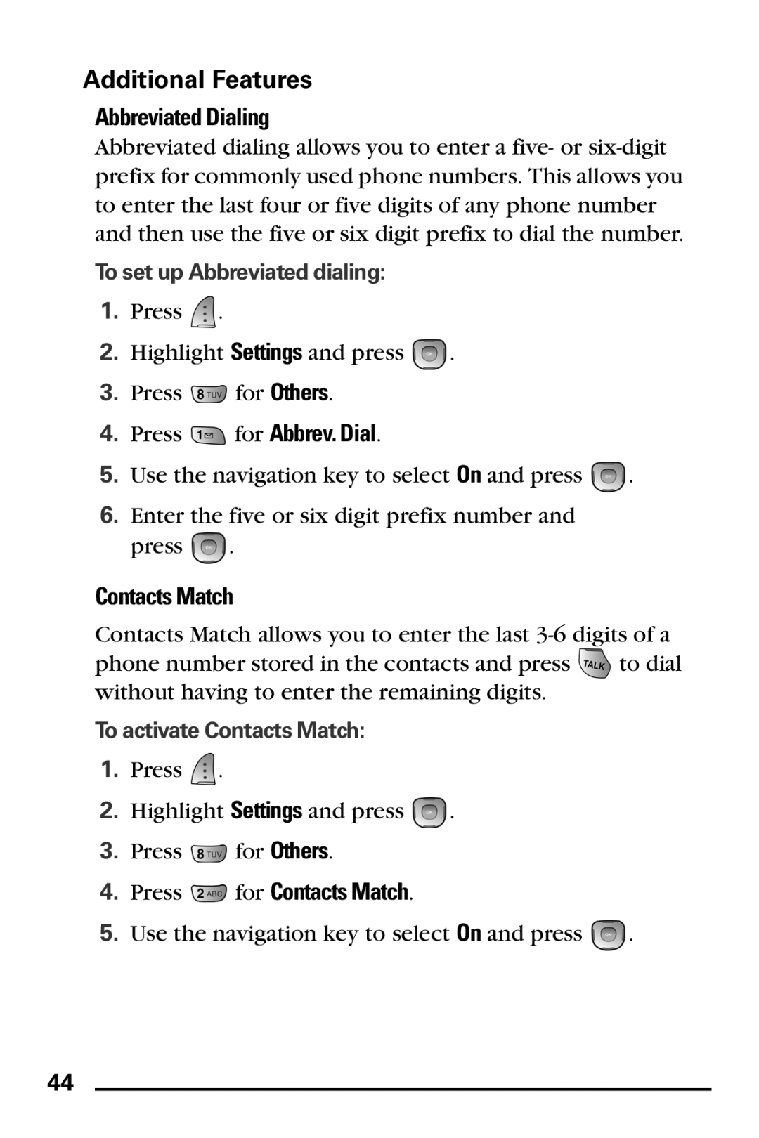 Samsung PM-A740 manual Additional Features, Abbreviated Dialing, Press for Contacts Match 