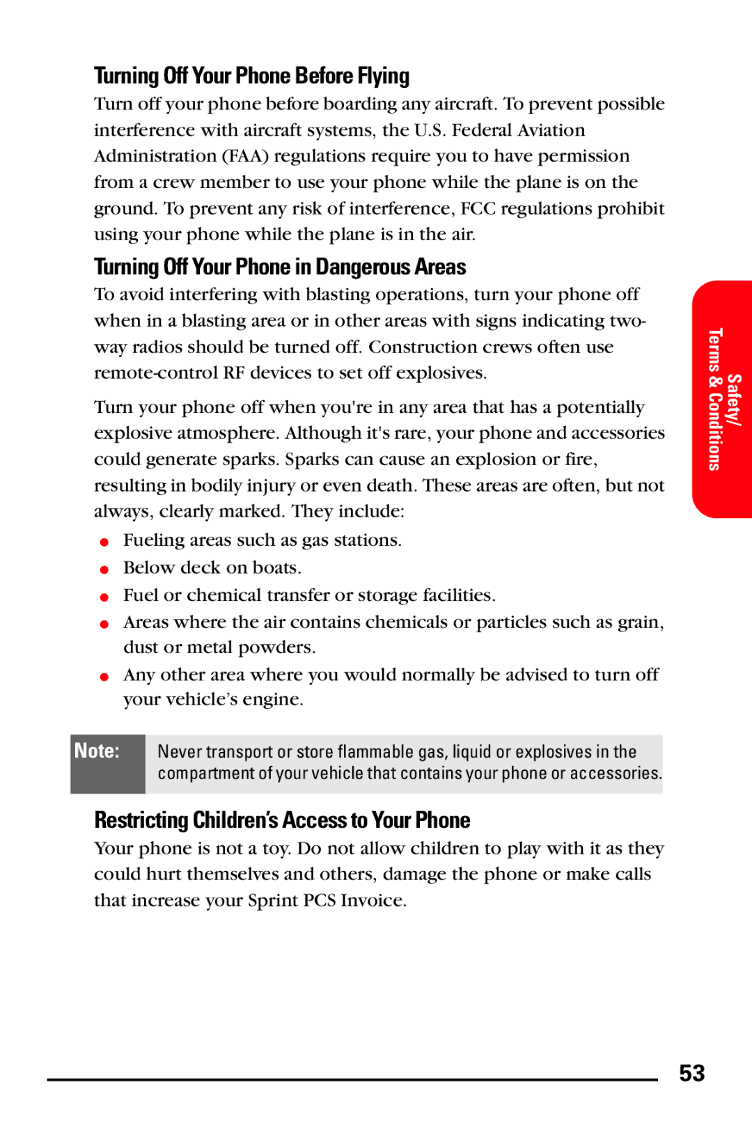 Samsung PM-A740 manual Turning Off Your Phone Before Flying, Turning Off Your Phone in Dangerous Areas 