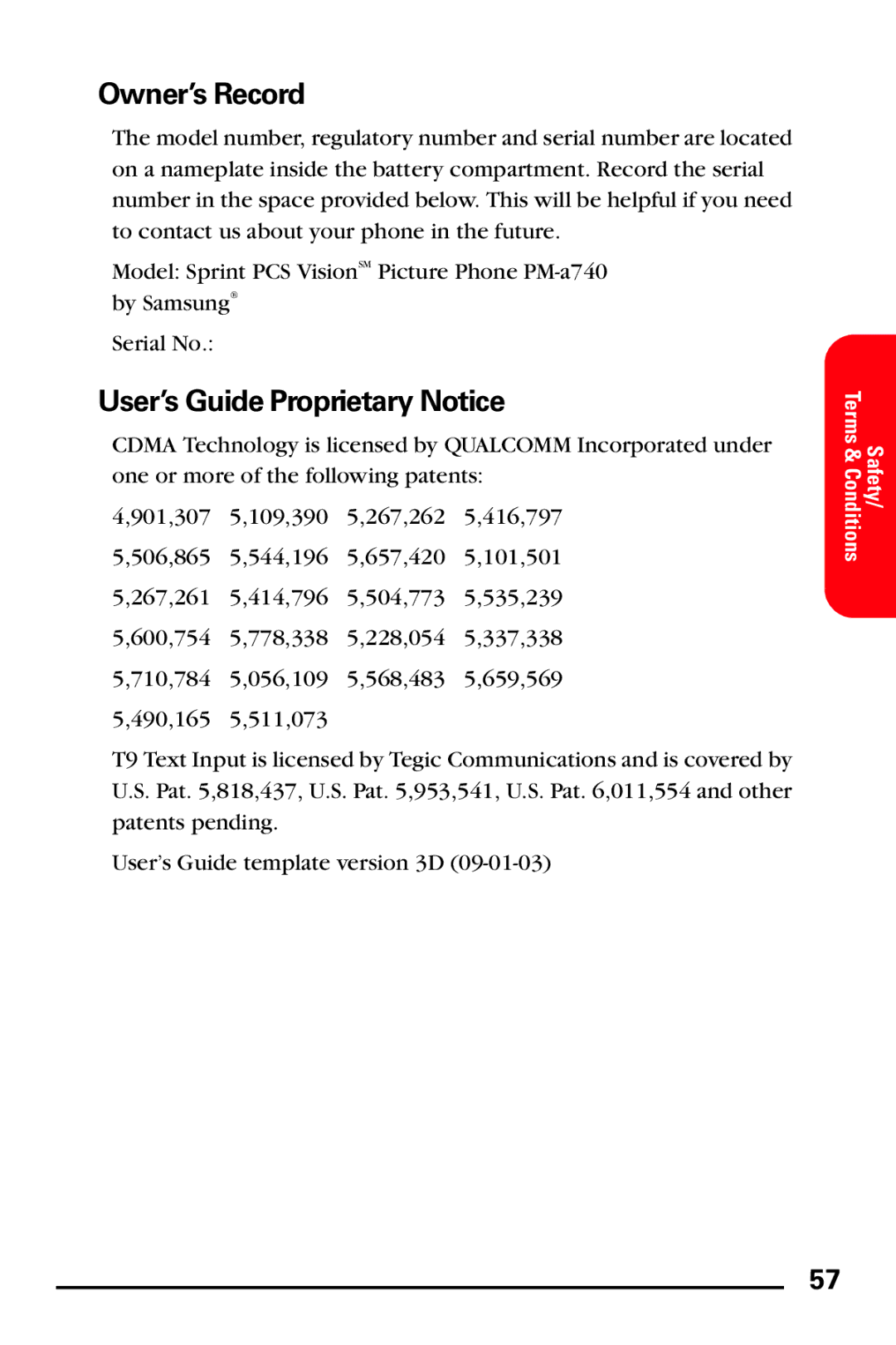 Samsung PM-A740 manual Owner’s Record, User’s Guide Proprietary Notice 